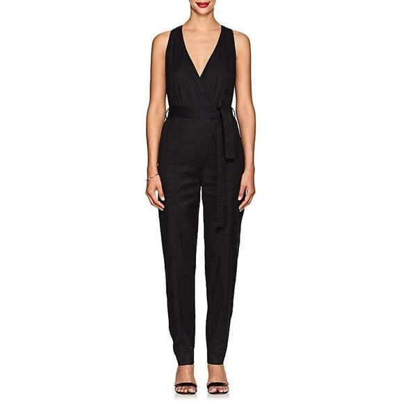 ALC Spencer Jumpsuit Black V-Neck Belted Sleeveless Linen Blend Sz‎ 0 - Picture 1 of 12
